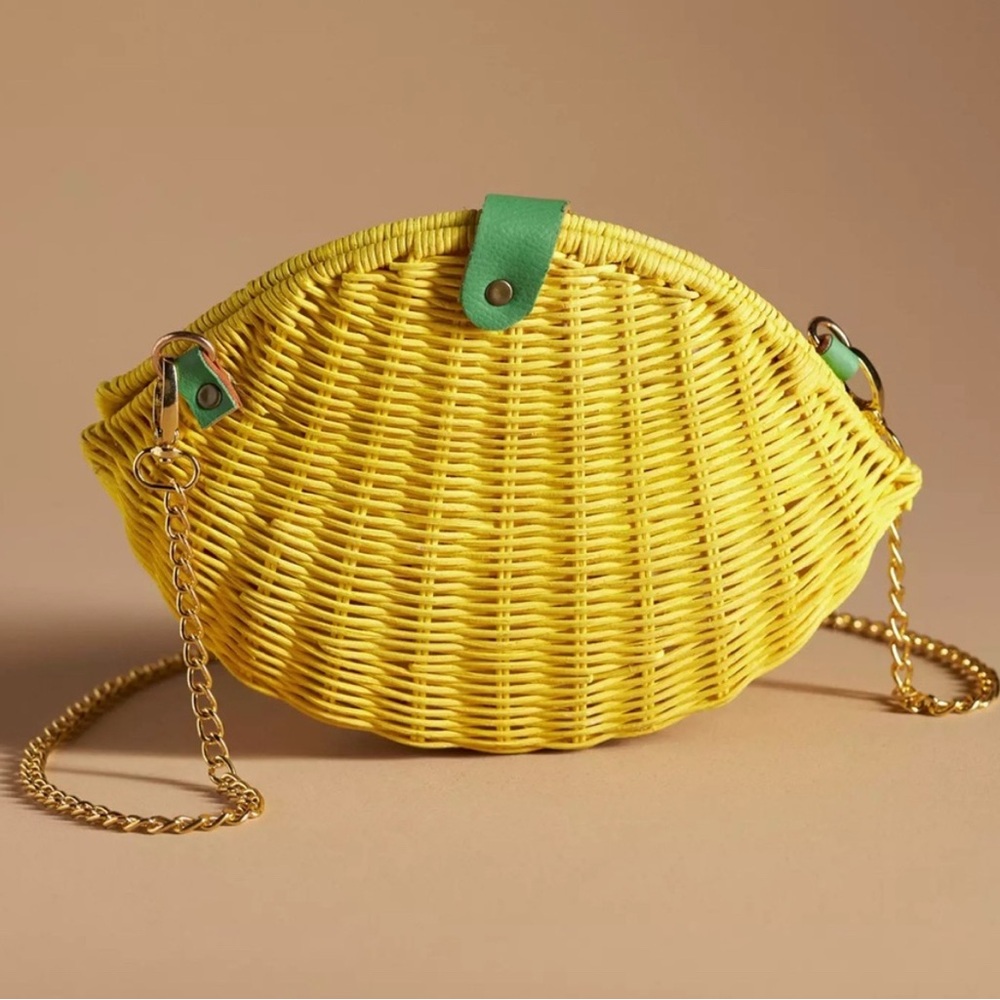 Anthropologie Yellow Woven Crossbody Bag with Green Detail